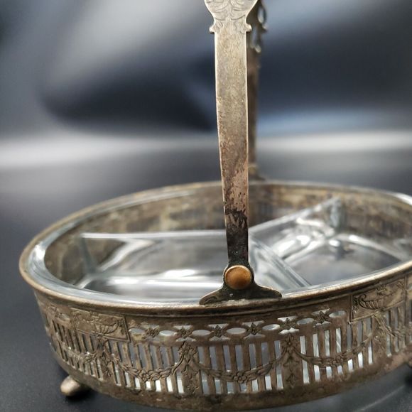 Art Nouveau Divided Glass Bowl with Distressed Silver Plate Holder Candy Snacks - Picture 14 of 16